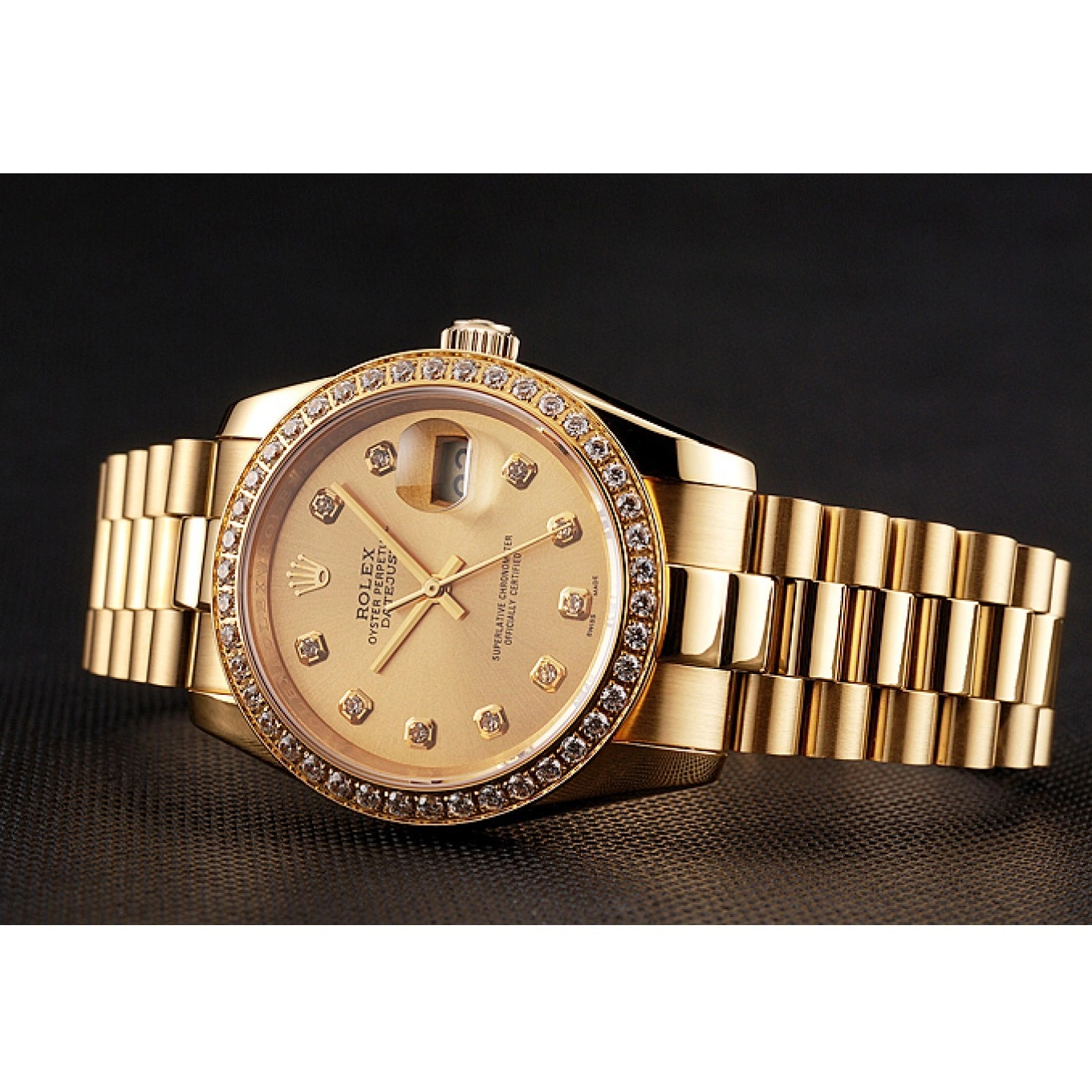 Aaa replica watch Champagne Bezel Bracelet Swiss Rolex Gold 1454097 Datejust Diamond Dial 0710